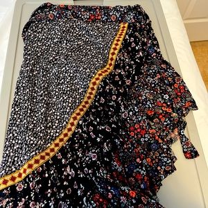 Free People, multi floral, multi print, asymmetrical cut, long skirt. Size 2